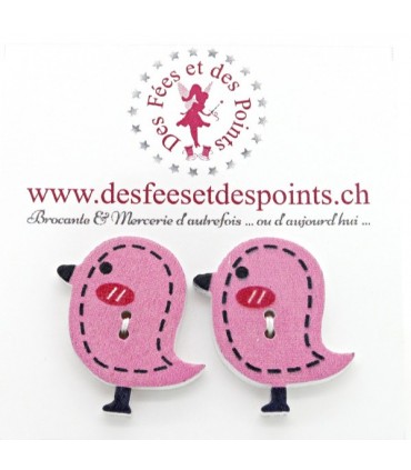 Boutons en bois "Oiseau" - Rose