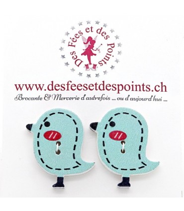 Boutons en bois "Oiseau" - Vert d'eau