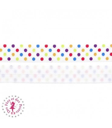 Elastique ruban - Pois - Blanc & Multicolor - 15 mm