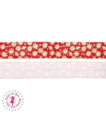 Elastique ruban - Marguerites - Rouge - 15 mm