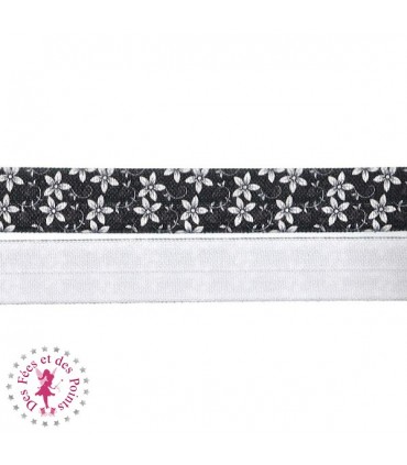 Elastique ruban - Marguerites - Noir - 15 mm
