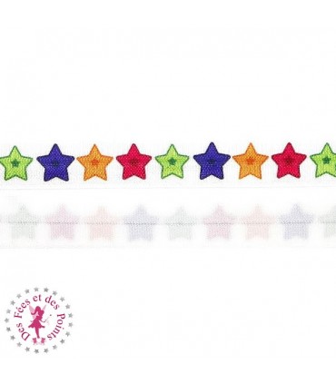 Elastique ruban - Etoiles - Blanc & Multicolor - 15 mm