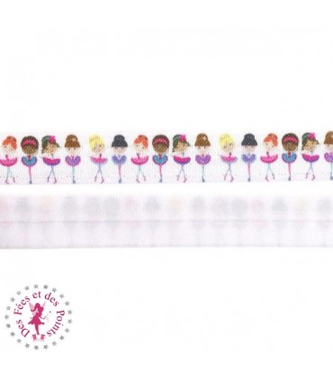 Elastique ruban - Danseuses - Blanc & Multicolor - 15 mm