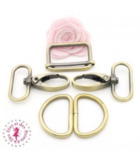 Set Mousquetons et anneaux pour sangle - 3 cm - Bronze antique