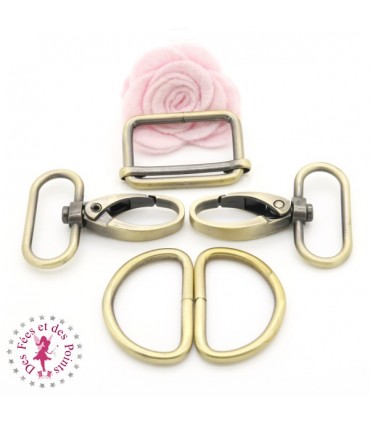 Set Mousquetons et anneaux pour sangle - 3 cm - Bronze antique