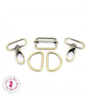 Set Mousqueton et anneau pour sangle - 3 cm - Bronze antique