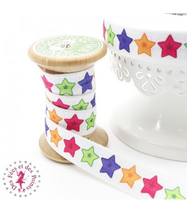 Elastique ruban - Etoiles - Blanc & Multicolor - 15 mm