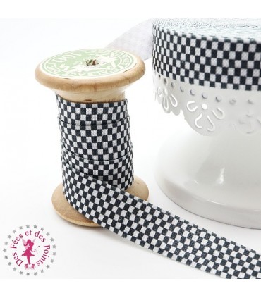 Elastique ruban - Carreaux - Noir & Blanc - 15 mm