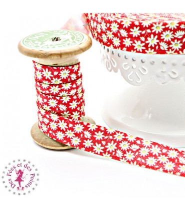 Elastique ruban - Marguerites - Rouge - 15 mm
