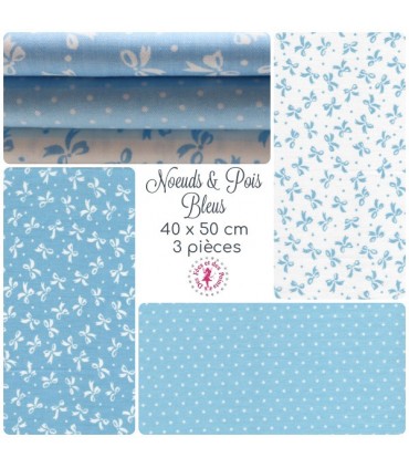 Coupons "Noeuds et Pois Bleus" - Coton - 40 x 50 cm - 3 pièces