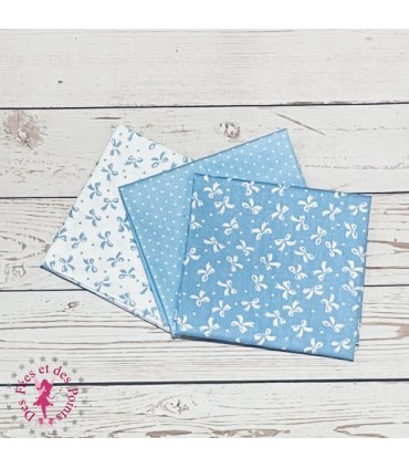 Coupons "Noeuds et Pois Bleus" - Coton - 40 x 50 cm - 3 pièces