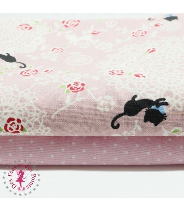 Coupons "Chatons, Roses & Dentelles" - Coton/Lin - Rose - 50 x 50 cm - 2 pièces