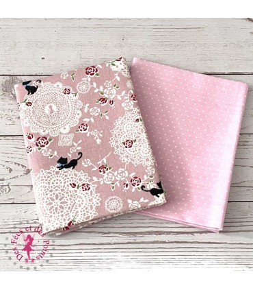 Coupons "Chatons, Roses & Dentelles" - Coton/Lin - Rose - 50 x 50 cm - 2 pièces