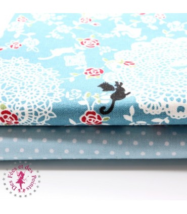 Coupons "Chatons, Roses & Dentelles" - Coton/Lin - Bleu - 50 x 50 cm - 2 pièces
