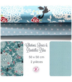 Coupons "Chatons, Roses & Dentelles" - Coton/Lin - Bleu - 50 x 50 cm - 2 pièces