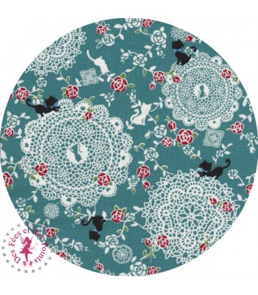 Coupons "Chatons, Roses & Dentelles" - Coton/Lin - Bleu - 50 x 50 cm - 2 pièces