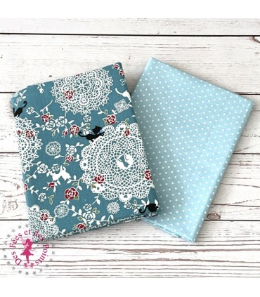 Coupons "Chatons, Roses & Dentelles" - Coton/Lin - Bleu - 50 x 50 cm - 2 pièces