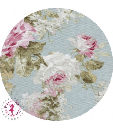 Coupon "Roses Anglaises" - Coton - Bleu - 50 x 70 - 1 pièce