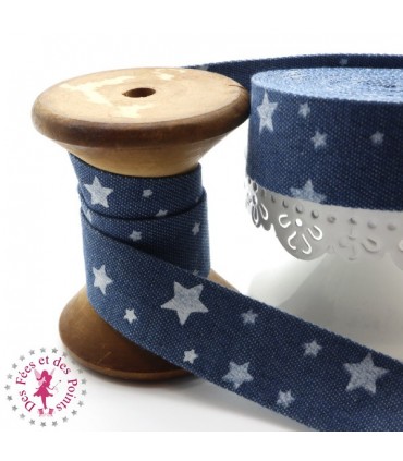 Biais - plié - Etoiles en Jeans - 25 mm