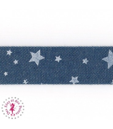 Biais - plié - Etoiles en Jeans - 25 mm