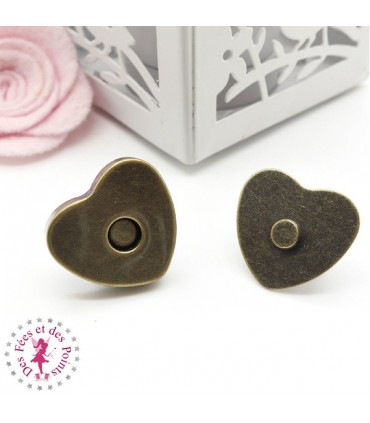 Fermoir magnétique / Aimant - Coeur - 24 mm - Bronze Antique / Argent