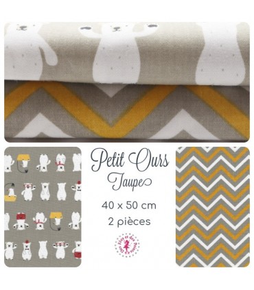 Coupons "Petit Ourson" - Taupe - Coton - 40 x 50 cm - 2 pièces