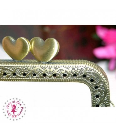 Fermoir métallique rectangulaire - Coeur - 8 cm - Gravé - Bronze antique