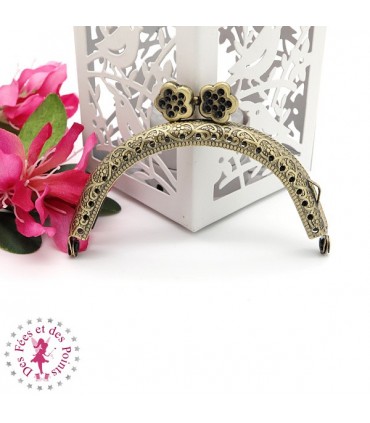 Fermoir métallique arrondi - Fleurs - 8.5 cm - Gravé - Bronze antique