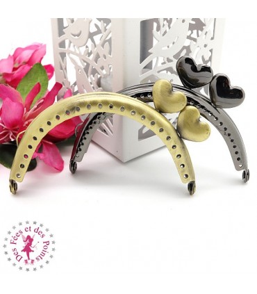 Fermoir métallique arrondi - Coeur Décalés - 8.5 cm - Lisse - Gun metal
