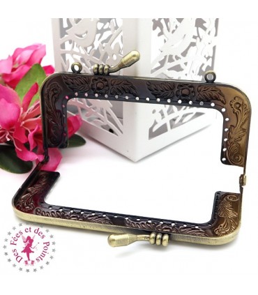 Fermoir métallique rectangulaire - Embossage fleuri - 9.5 cm - Bronze antique