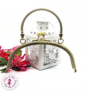 Fermoir métallique arrondi - Anse fleurette - 16 cm - Gravé - Bronze antique