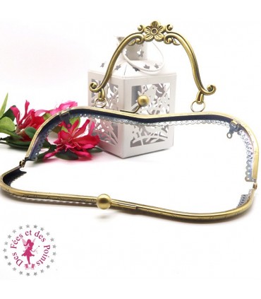 Fermoir métallique arrondi - "Anse fleurs" - 20.5 cm - Gravé - Bronze antique