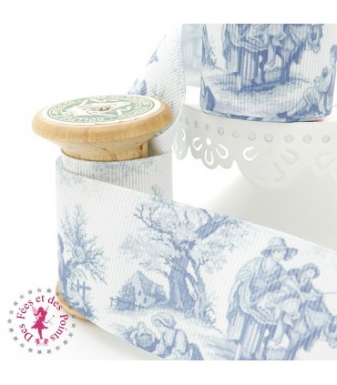 Ruban Gros Grain - Scène romantique - Bleu - 38 mm