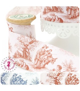 Ruban Gros Grain - Scène romantique - Bleu/Brun - 38 mm