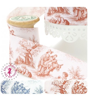 Ruban Gros Grain - Scène romantique - Bleu/Brun - 38 mm