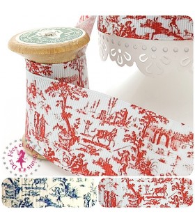Ruban Gros grain - Scène campagnarde - Rouge/Bleu - 38 mm