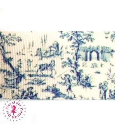 Ruban Gros grain - Scène campagnarde - Bleu - 38 mm