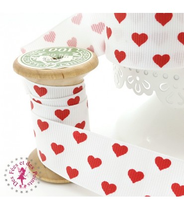 Ruban Gros Grain - Coeurs Rouges - 25 mm