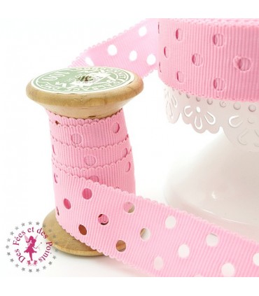 Ruban Gros Grain à Pois Ajourés - Rose - 23 mm