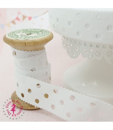 Ruban Gros Grain à Pois Ajourés - Blanc - 23 mm