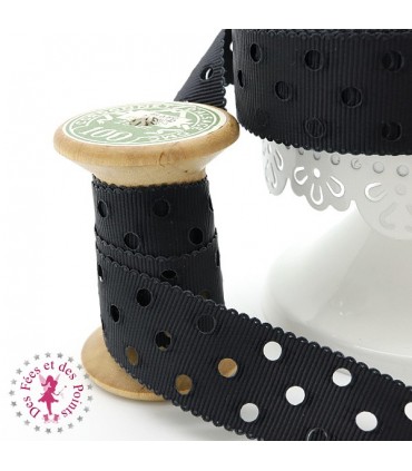 Ruban Gros Grain à Pois Ajourés - Noir - 23 mm