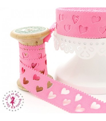 Ruban Gros Grain à Coeurs Ajourés - Rose Vif - 23 mm