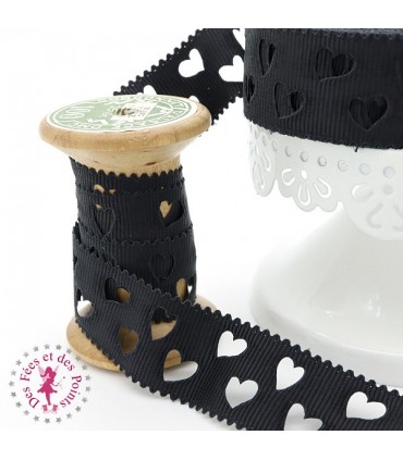 Ruban Gros Grain à Coeurs Ajourés - Noir - 23 mm