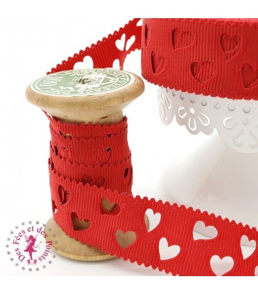 Ruban Gros Grain à Coeurs Ajourés - Rouge - 23 mm