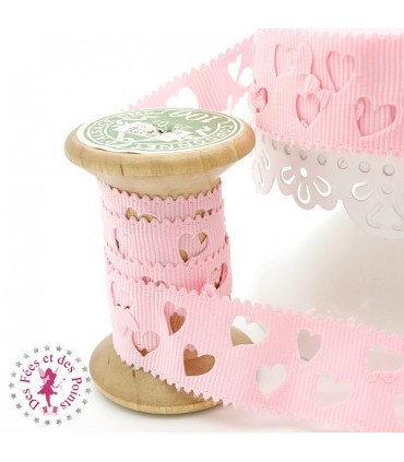 Ruban Gros Grain à Coeurs Ajourés - Rose - 23 mm