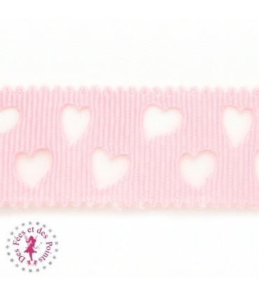 Ruban Gros Grain à Coeurs Ajourés - Rose - 23 mm