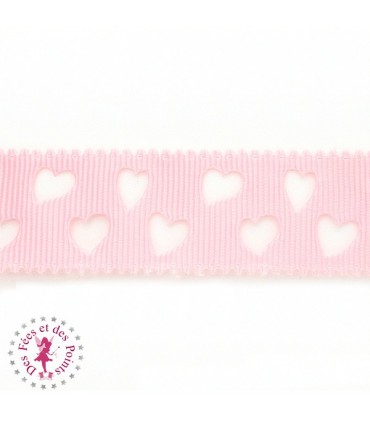 Ruban Gros Grain à Coeurs Ajourés - Rose - 23 mm