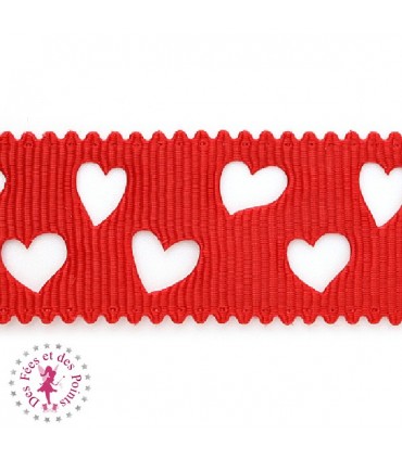 Ruban Gros Grain à Coeurs Ajourés - Rouge - 23 mm