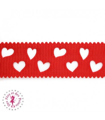 Ruban Gros Grain à Coeurs Ajourés - Rouge - 23 mm