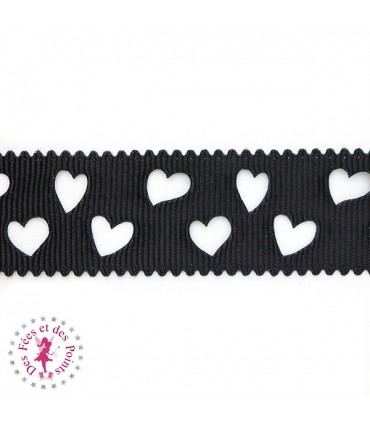Ruban Gros Grain à Coeurs Ajourés - Noir - 23 mm